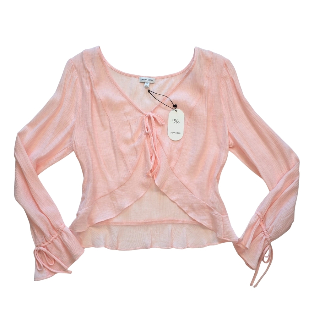 Urban Social Light Pink Tie-Front Textured Ruffle Blouse | Size Small